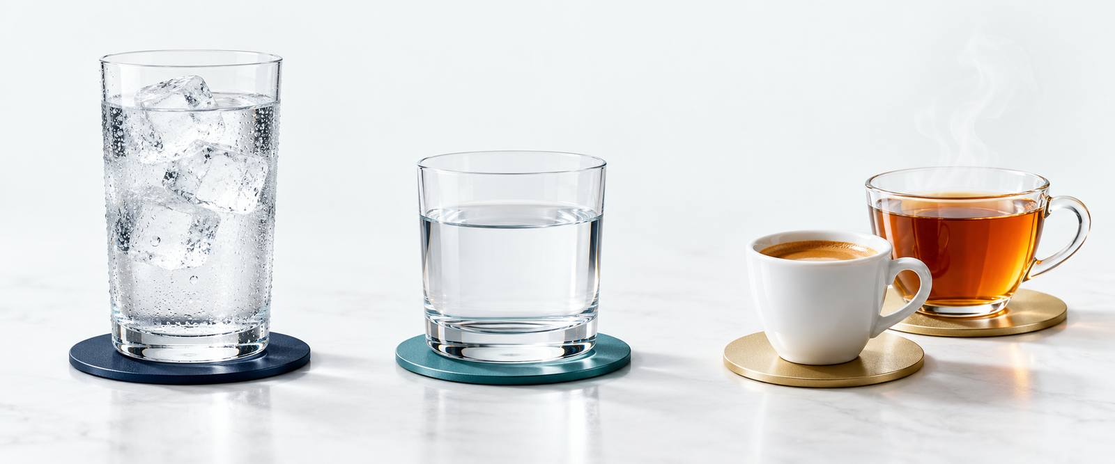 Ilustración de usos: vaso de agua con hielo, vaso de agua natural, café e infusión